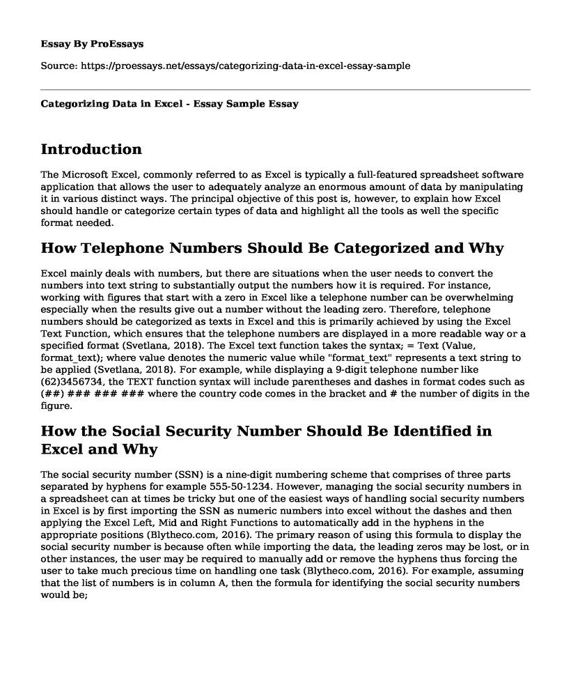 Categorizing Data in Excel - Essay Sample
