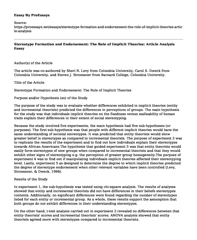 Stereotype Formation and Endorsement: The Role of Implicit Theories: Article Analysis