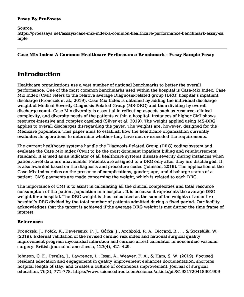 Case Mix Index: A Common Healthcare Performance Benchmark - Essay Sample