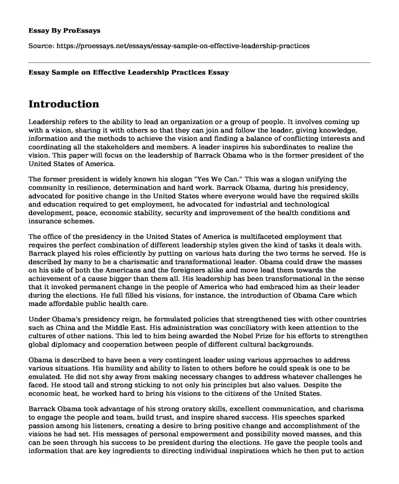 Essay Sample on Effective Leadership Practices