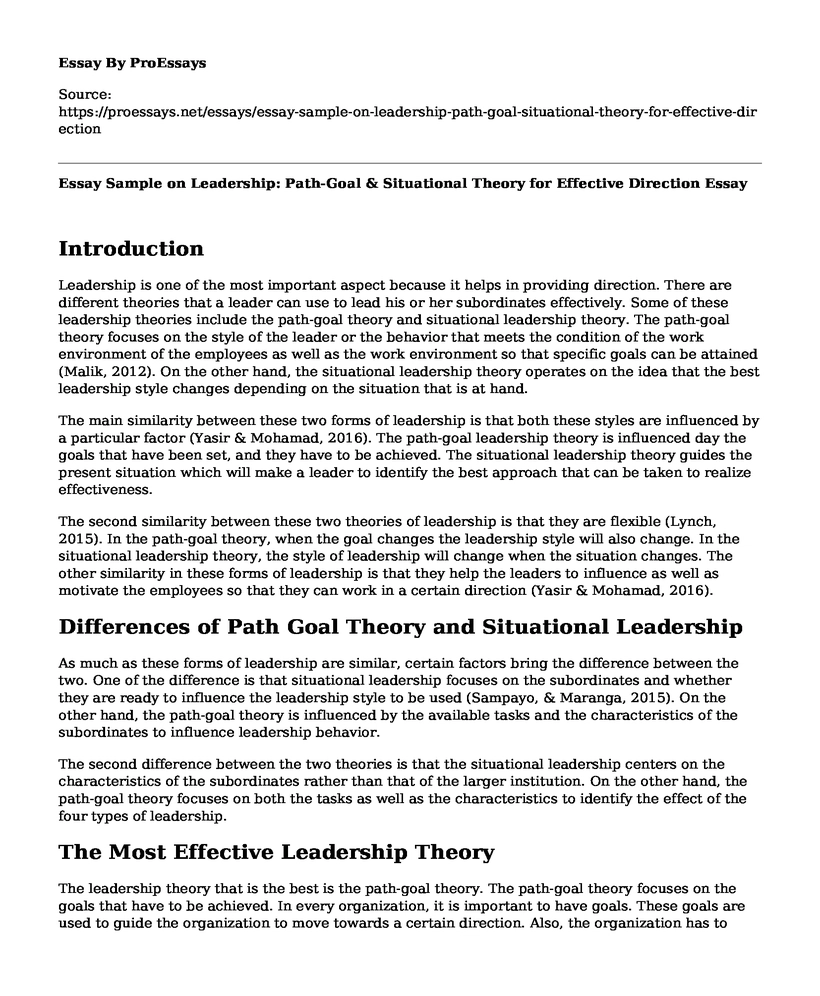 Essay Sample on Leadership: Path-Goal & Situational Theory for Effective Direction