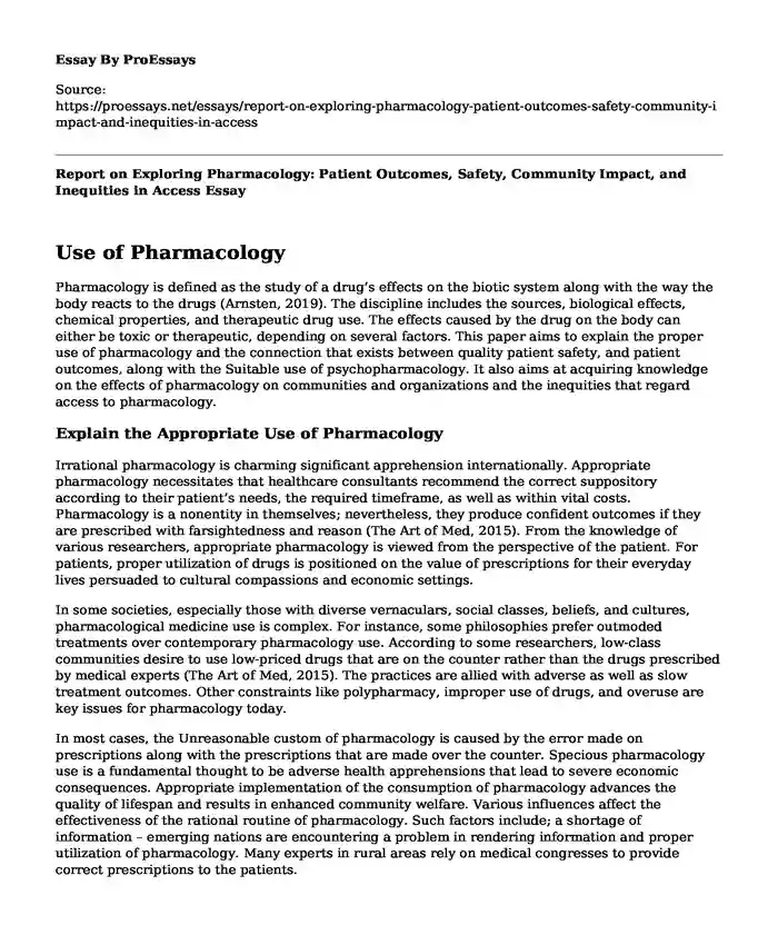 Report on Exploring Pharmacology: Patient Outcomes, Safety, Community Impact, and Inequities in Access