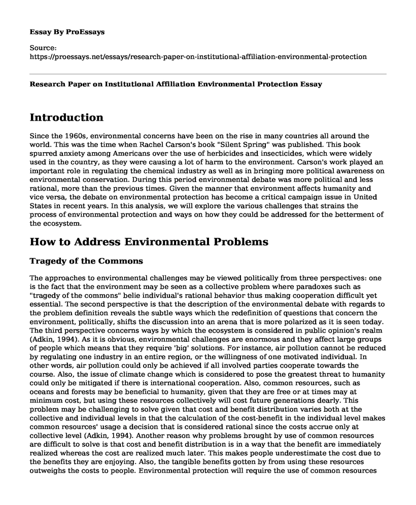 Research Paper on Institutional Affiliation Environmental Protection 