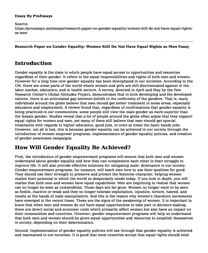 Research Paper on Gender Equality: Women Still Do Not Have Equal Rights as Men