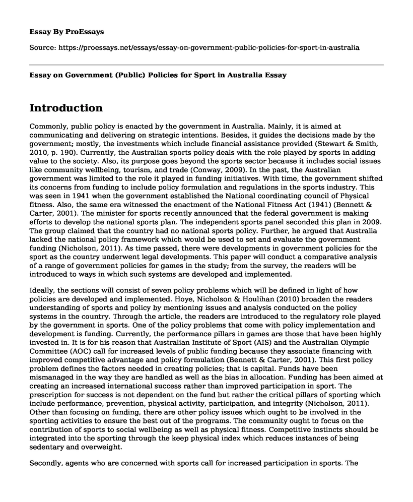 Essay on Government (Public) Policies for Sport in Australia