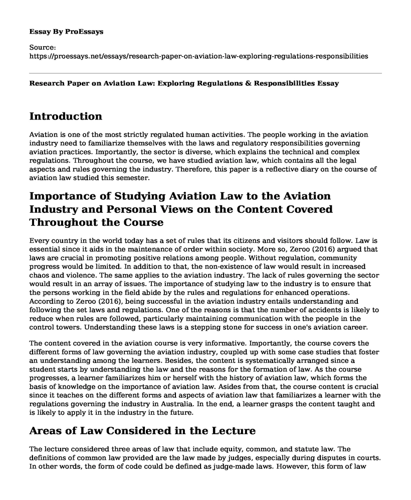 Research Paper on Aviation Law: Exploring Regulations & Responsibilities