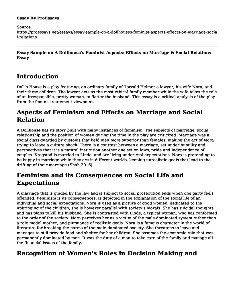 Essay Sample on A Dollhouse's Feminist Aspects: Effects on Marriage & Social Relations