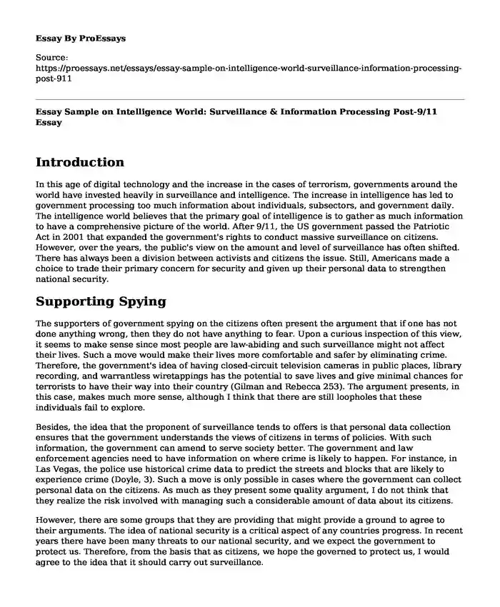 Essay Sample on Intelligence World: Surveillance & Information Processing Post-9/11