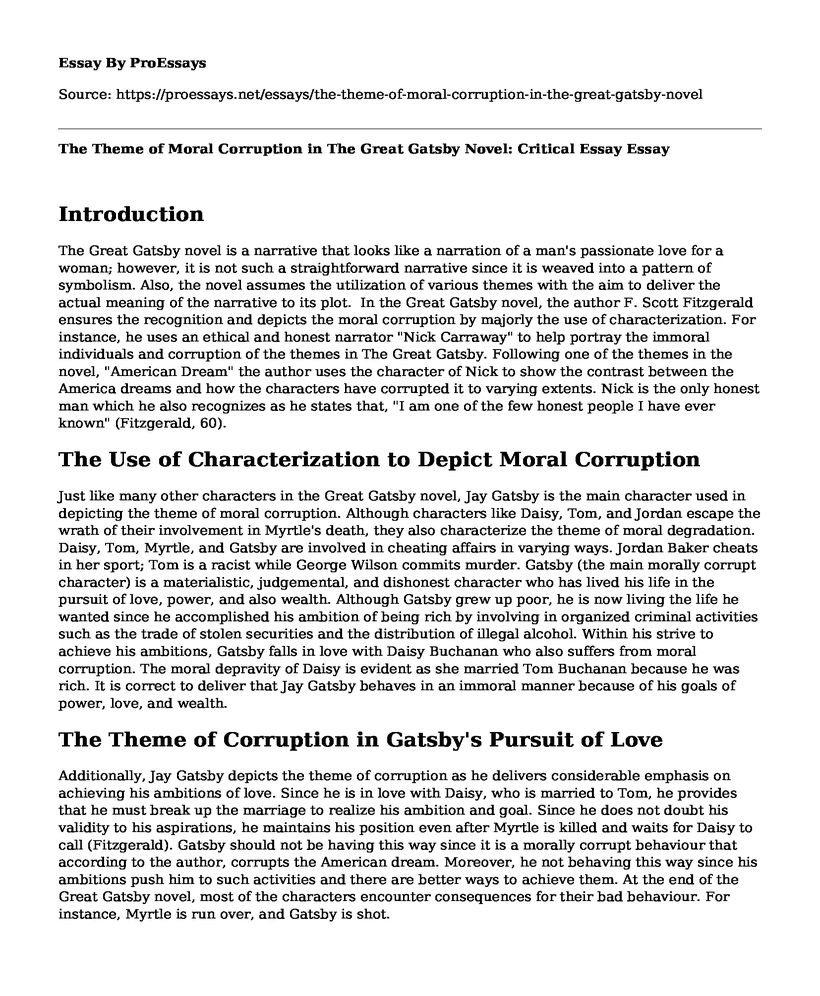 The Theme of Moral Corruption in The Great Gatsby Novel: Critical Essay 