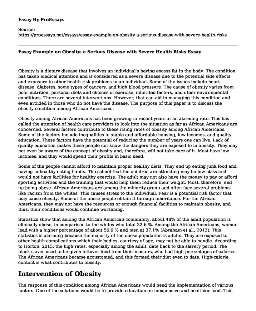 Essay Example on Obesity: a Serious Disease with Severe Health Risks