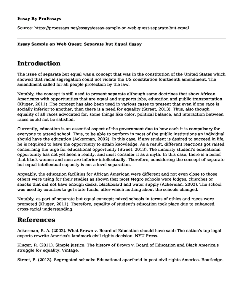 Essay Sample on Web Quest: Separate but Equal