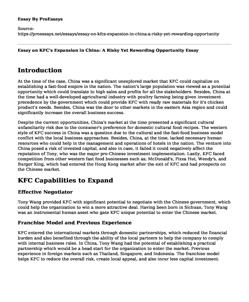 Essay on KFC's Expansion in China: A Risky Yet Rewarding Opportunity