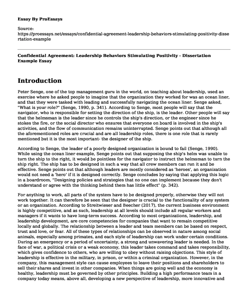 Confidential Agreement: Leadership Behaviors Stimulating Positivity - Dissertation Example