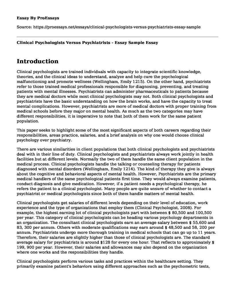 Clinical Psychologists Versus Psychiatrists - Essay Sample