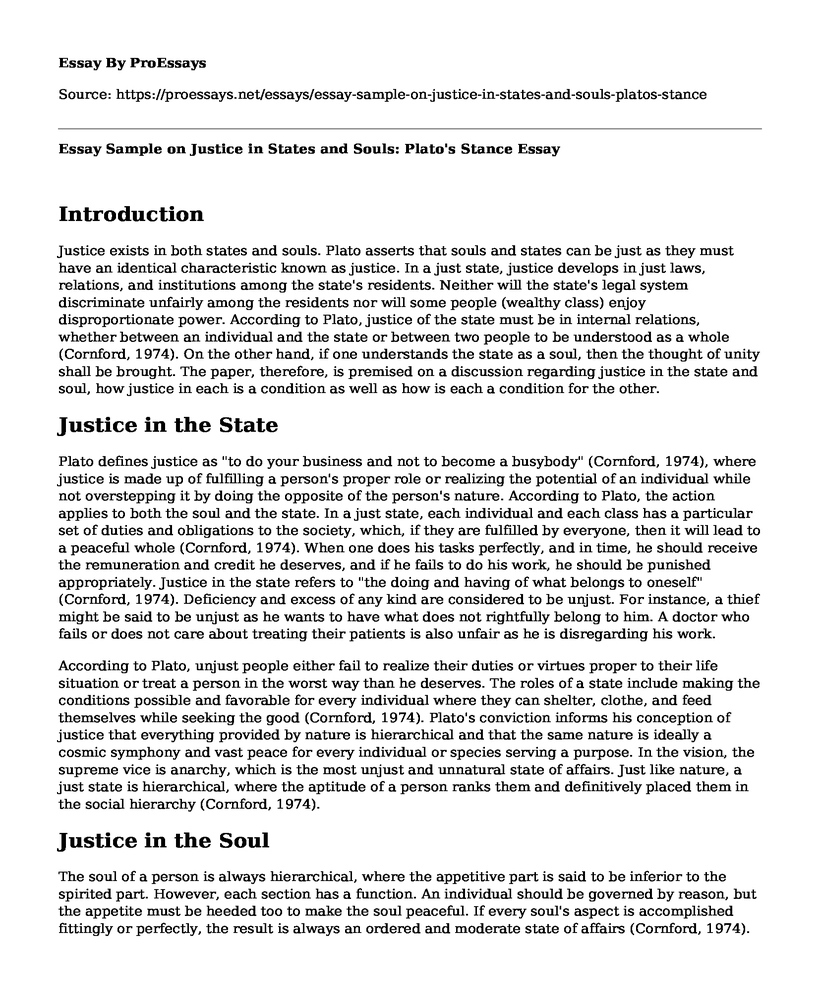 Essay Sample on Justice in States and Souls: Plato's Stance