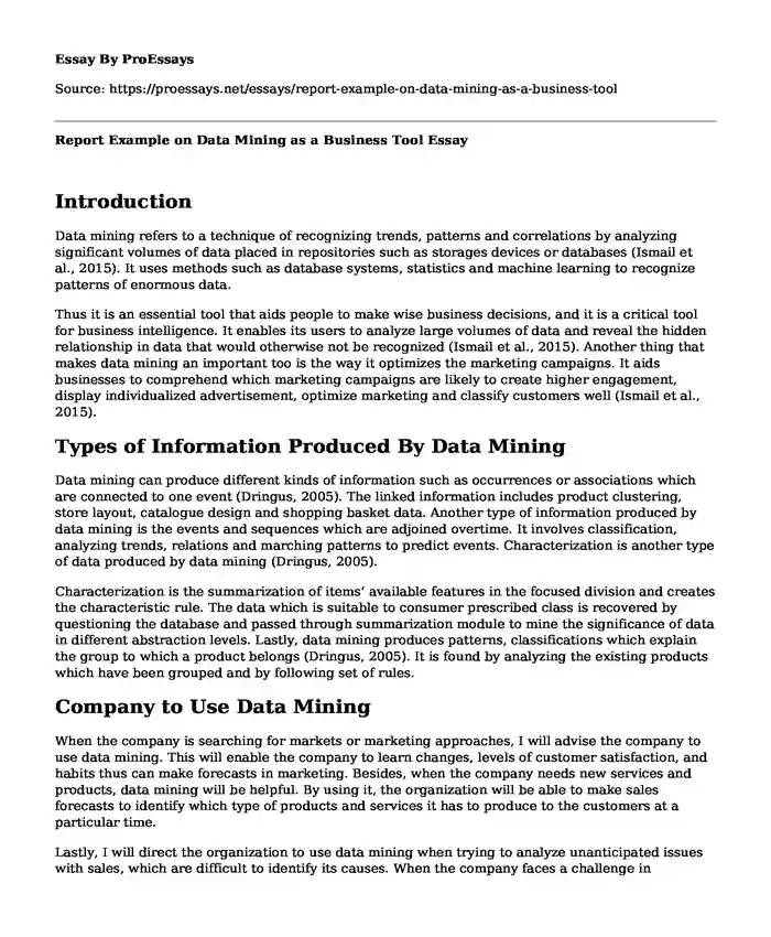 Report Example on Data Mining as a Business Tool