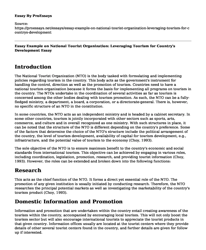 Essay Example on National Tourist Organization: Leveraging Tourism for Country's Development