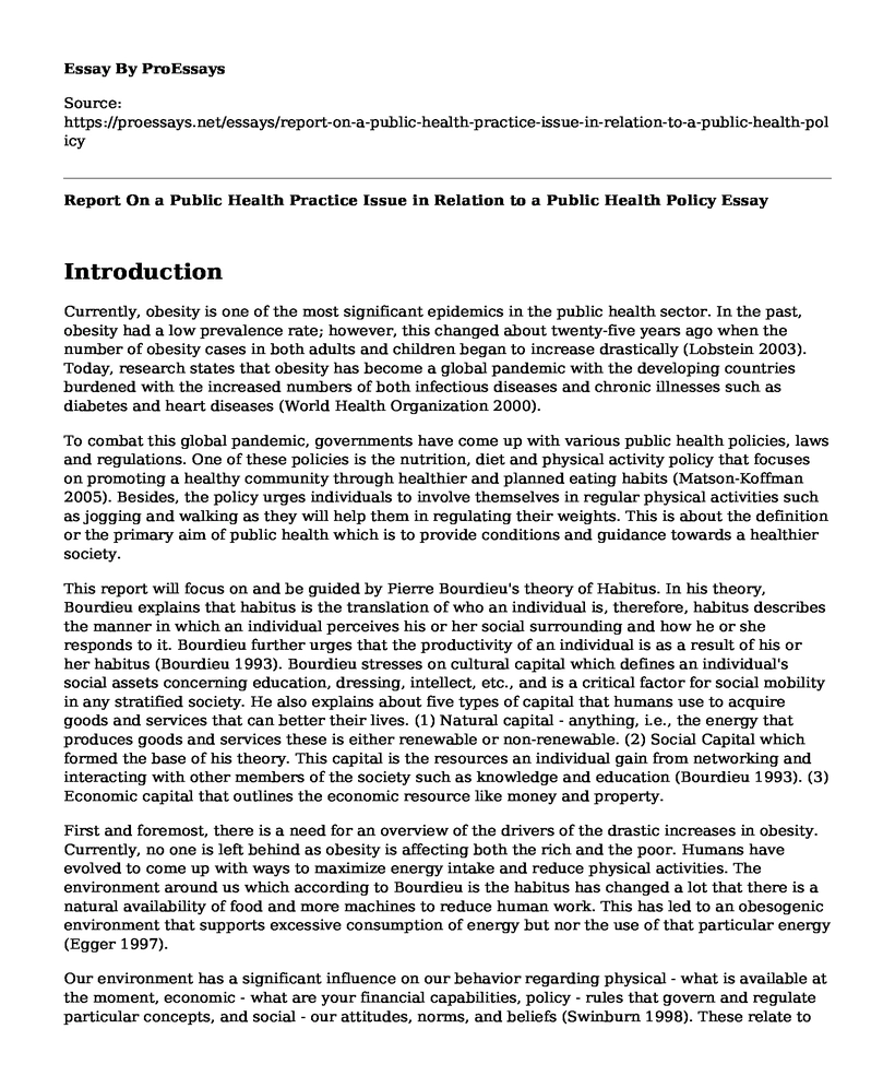Report On a Public Health Practice Issue in Relation to a Public Health Policy