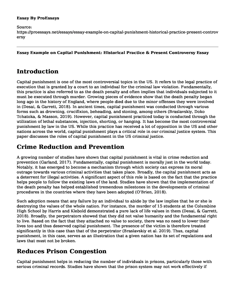 Essay Example on Capital Punishment: Historical Practice & Present Controversy