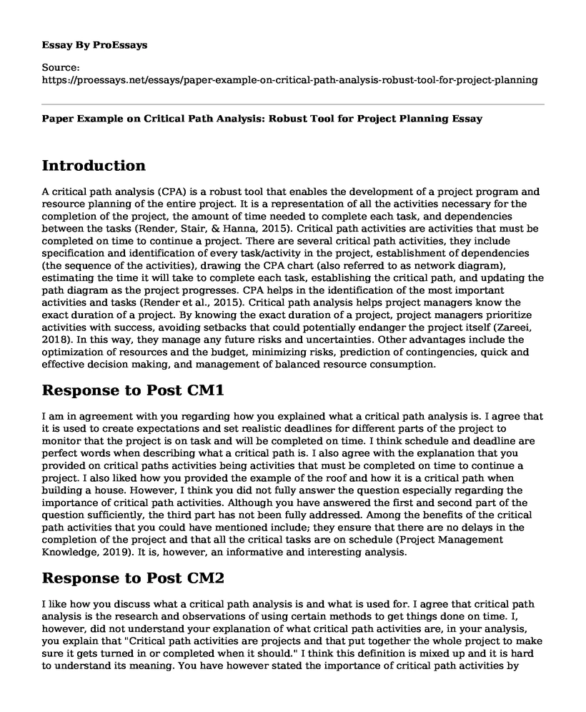 Paper Example on Critical Path Analysis: Robust Tool for Project Planning