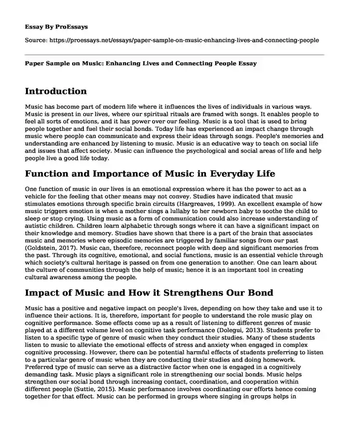 Paper Sample on Music: Enhancing Lives and Connecting People