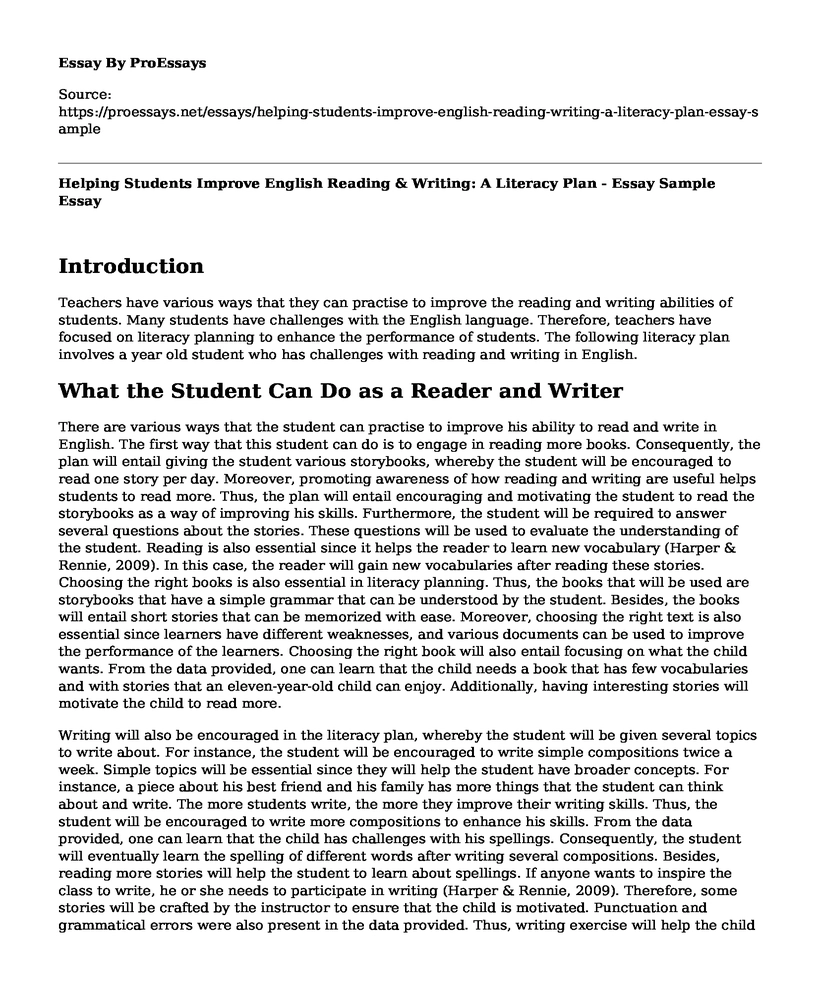 Helping Students Improve English Reading & Writing: A Literacy Plan - Essay Sample