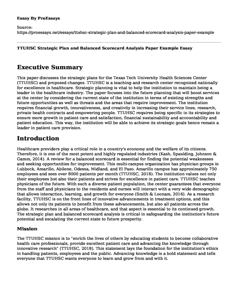 TTUHSC Strategic Plan and Balanced Scorecard Analysis Paper Example