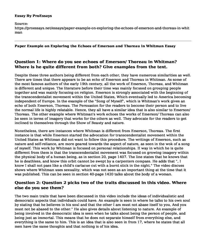 Paper Example on Exploring the Echoes of Emerson and Thoreau in Whitman