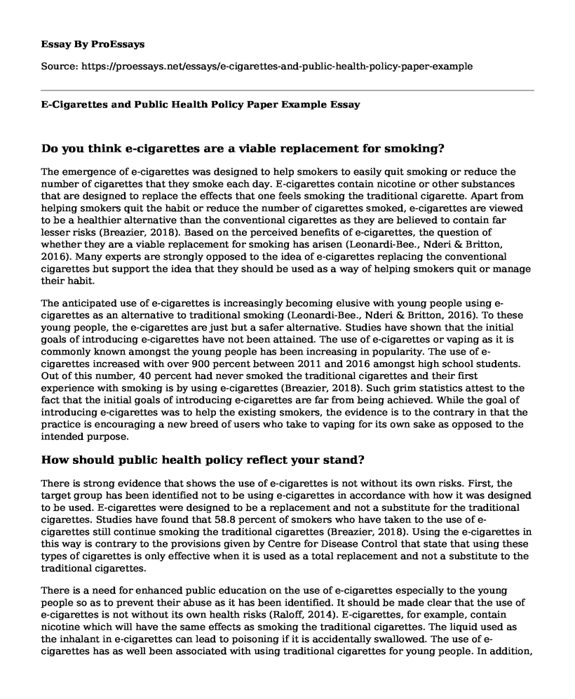 E-Cigarettes and Public Health Policy Paper Example