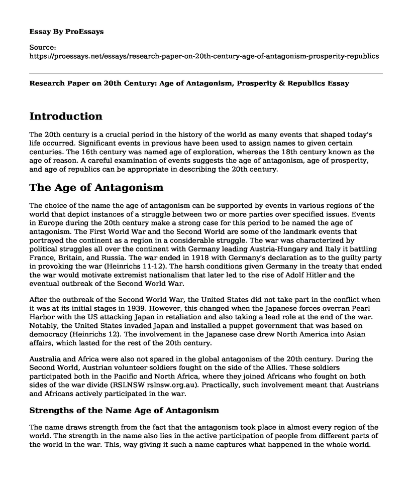 Research Paper on 20th Century: Age of Antagonism, Prosperity & Republics