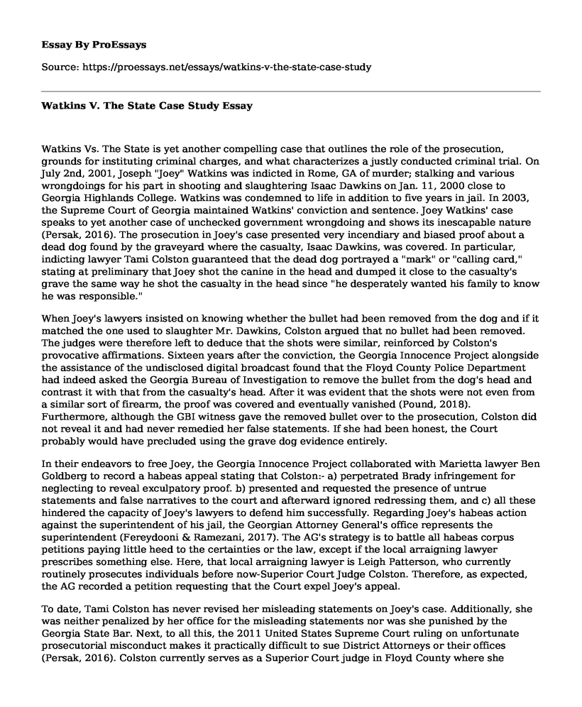 Watkins V. The State Case Study