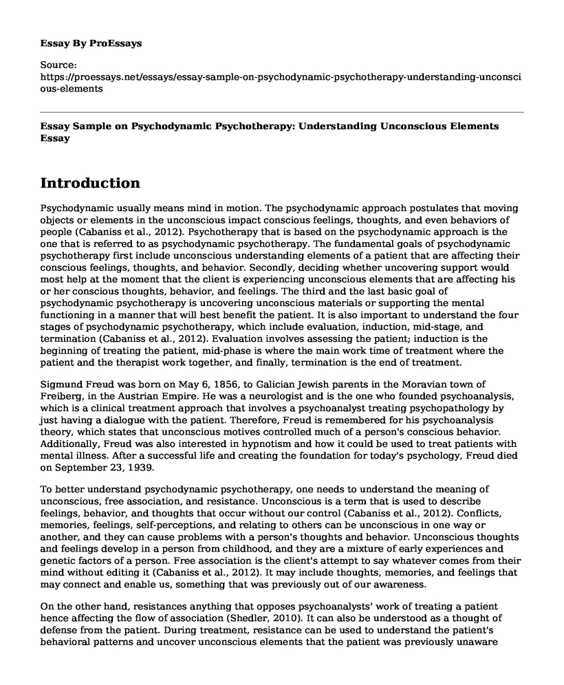 Essay Sample on Psychodynamic Psychotherapy: Understanding Unconscious Elements