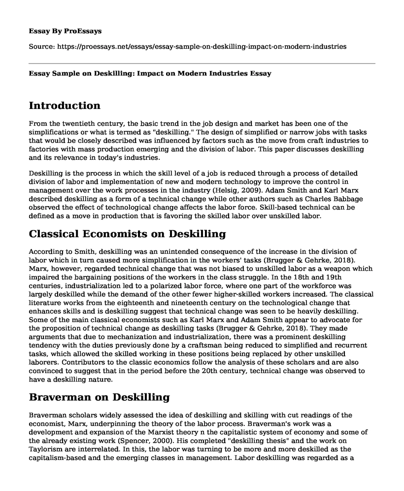 Essay Sample on Deskilling: Impact on Modern Industries