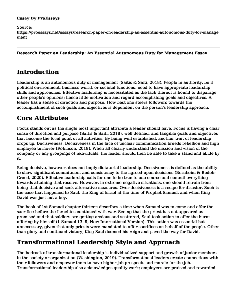 Research Paper on Leadership: An Essential Autonomous Duty for Management