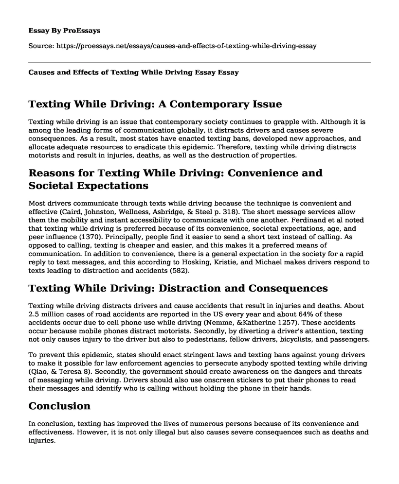 Causes and Effects of Texting While Driving Essay