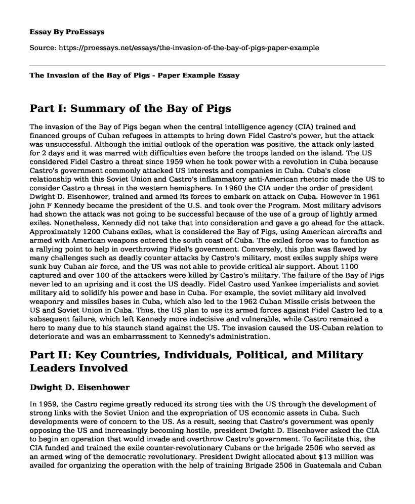 The Invasion of the Bay of Pigs - Paper Example