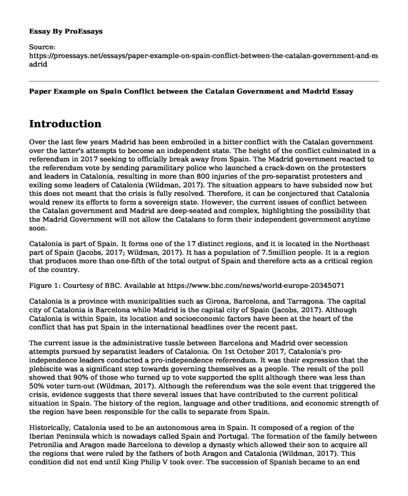 Paper Example on Spain Conflict between the Catalan Government and Madrid