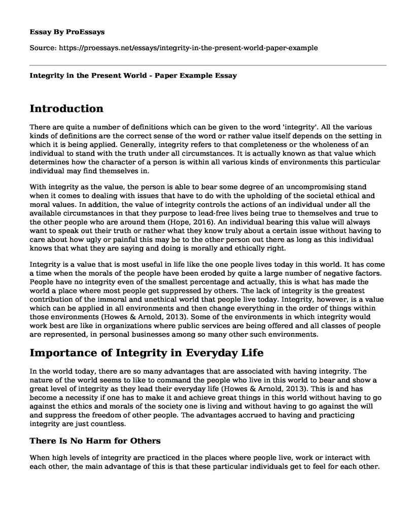Integrity in the Present World - Paper Example