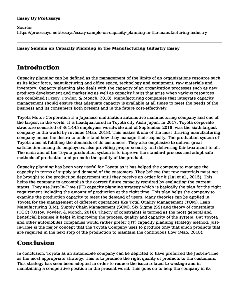 Essay Sample on Capacity Planning in the Manufacturing Industry