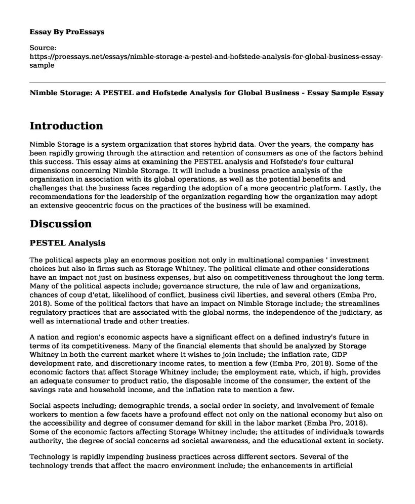 Nimble Storage: A PESTEL and Hofstede Analysis for Global Business - Essay Sample