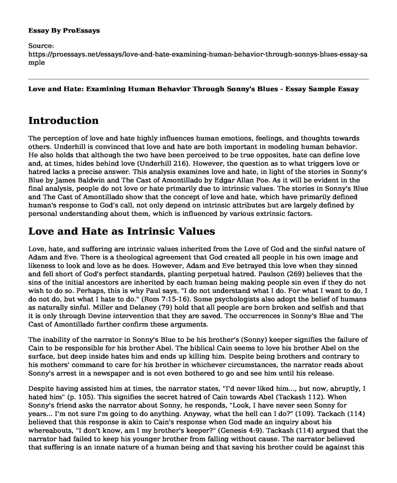 Love and Hate: Examining Human Behavior Through Sonny's Blues - Essay Sample
