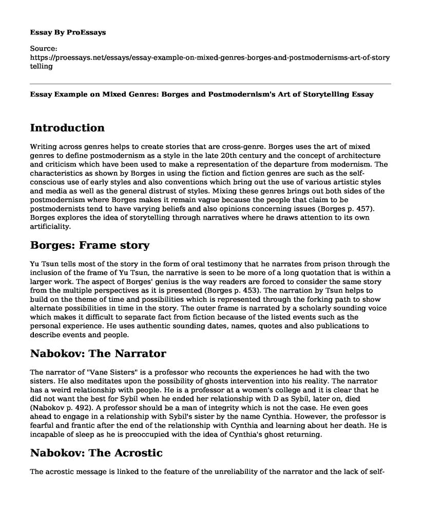 Essay Example on Mixed Genres: Borges and Postmodernism's Art of Storytelling