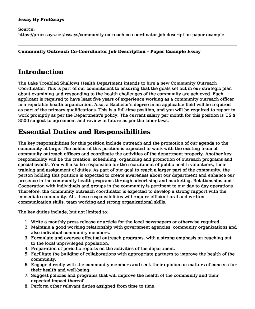 Community Outreach Co-Coordinator Job Description - Paper Example