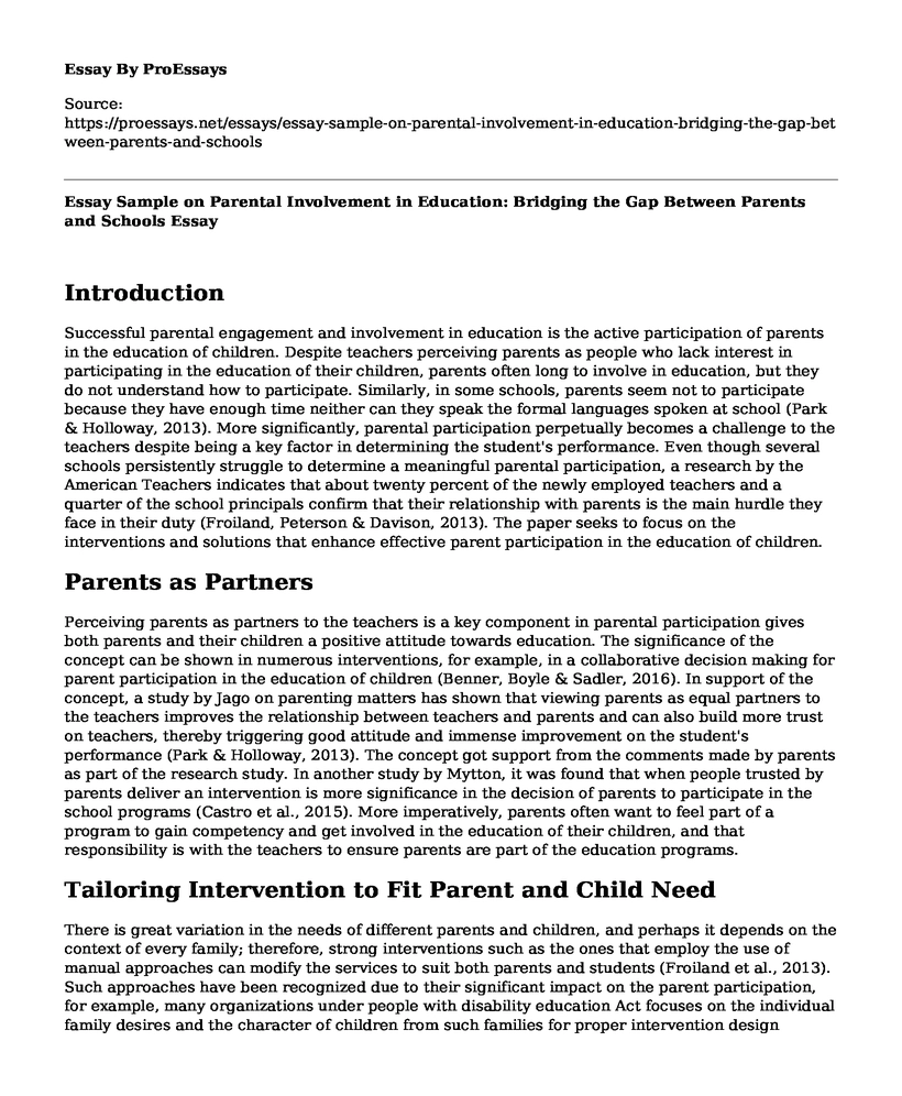 Essay Sample on Parental Involvement in Education: Bridging the Gap Between Parents and Schools