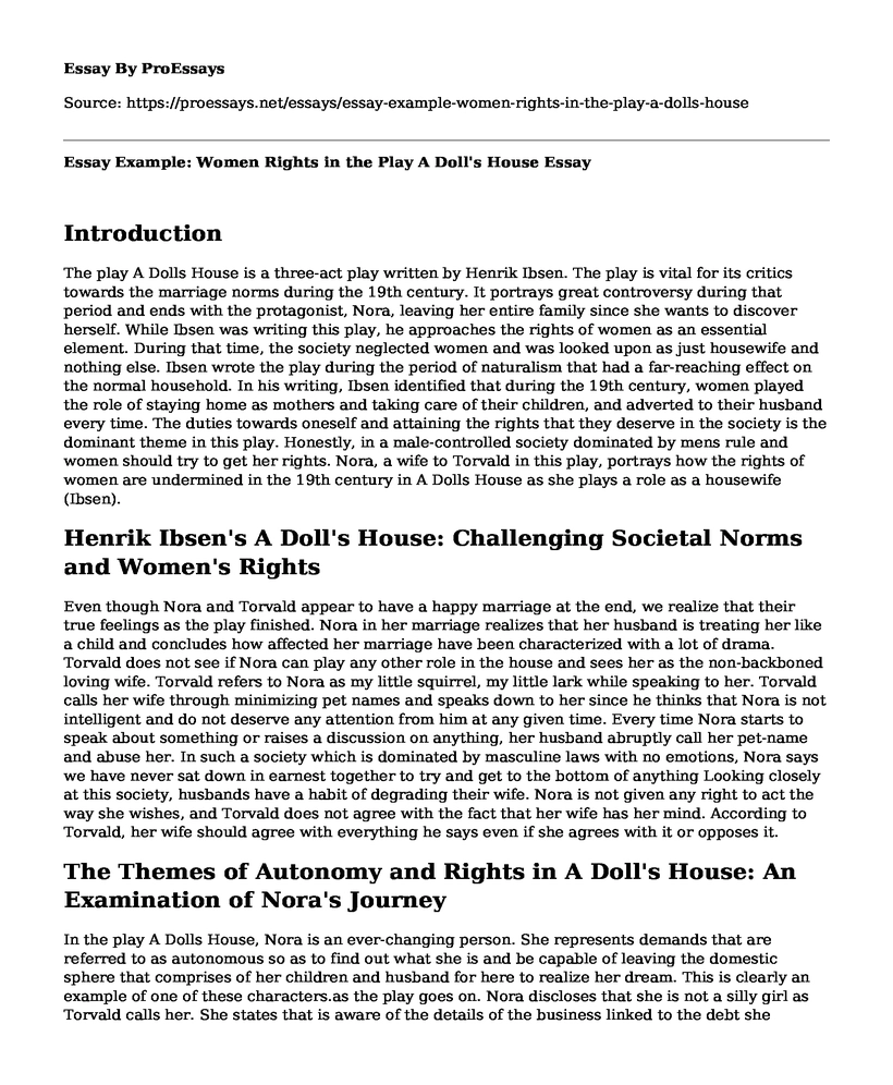 Essay Example: Women Rights in the Play A Doll's House
