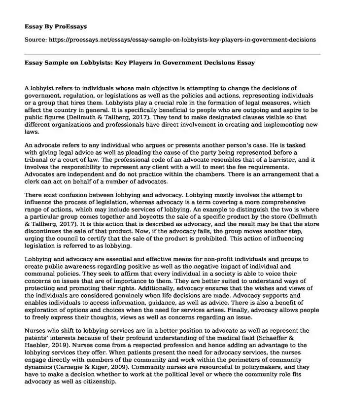 Essay Sample on Lobbyists: Key Players in Government Decisions