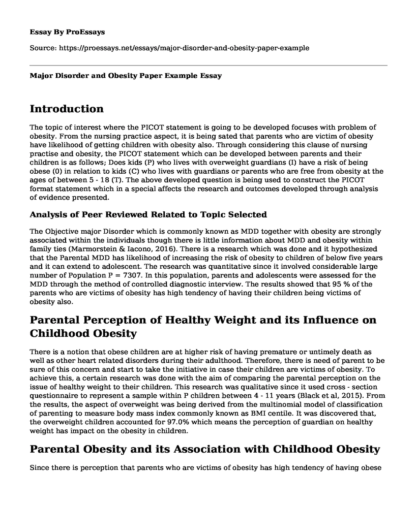 Major Disorder and Obesity Paper Example
