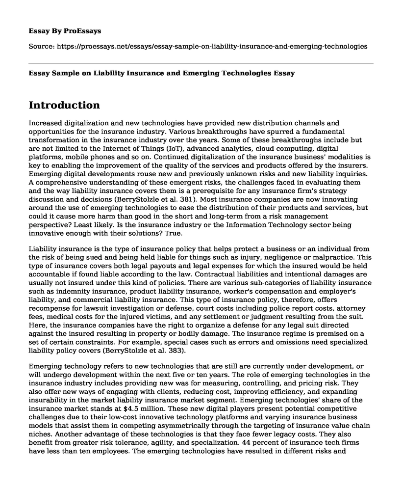Essay Sample on Liability Insurance and Emerging Technologies