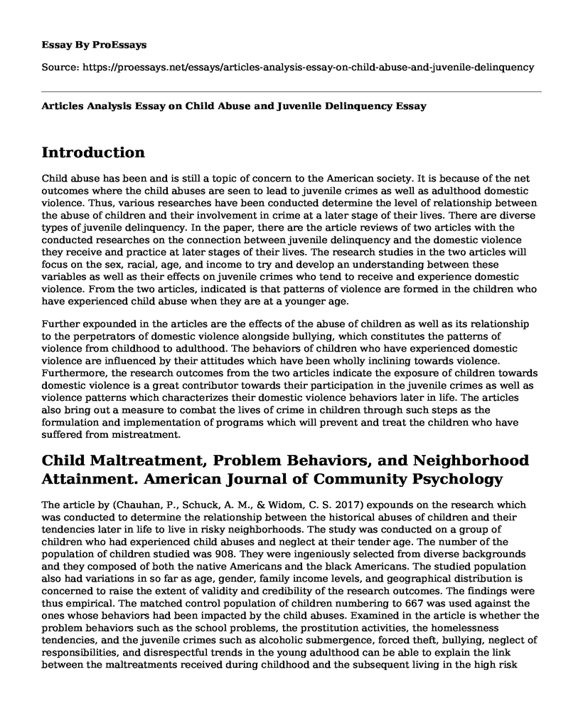 Articles Analysis Essay on Child Abuse and Juvenile Delinquency