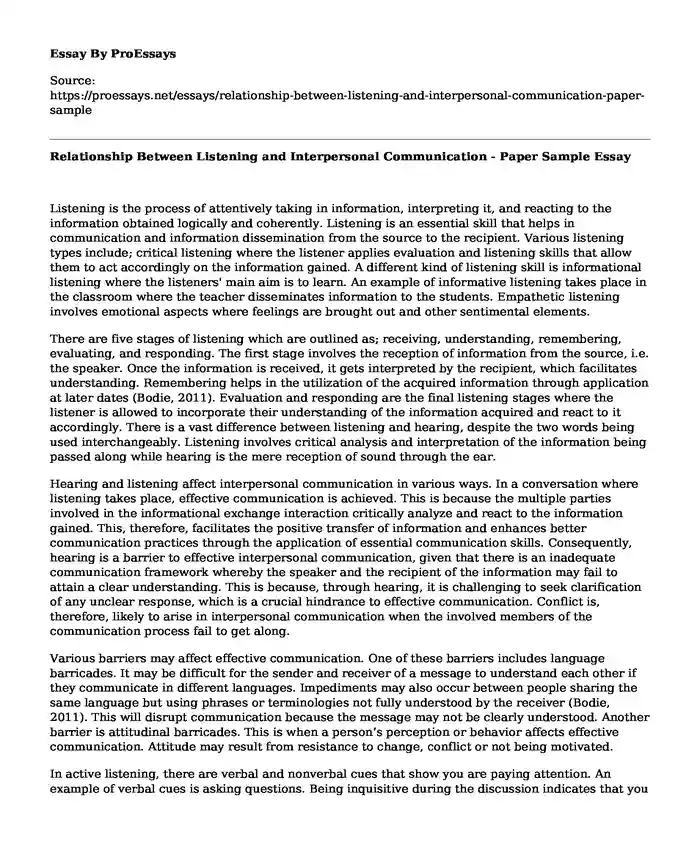 Relationship Between Listening and Interpersonal Communication - Paper Sample